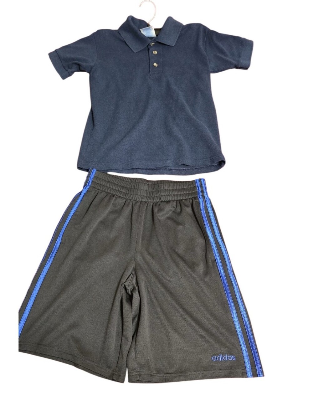adidas Navy Polo and Black Shorts with Blue Stripes - Kids